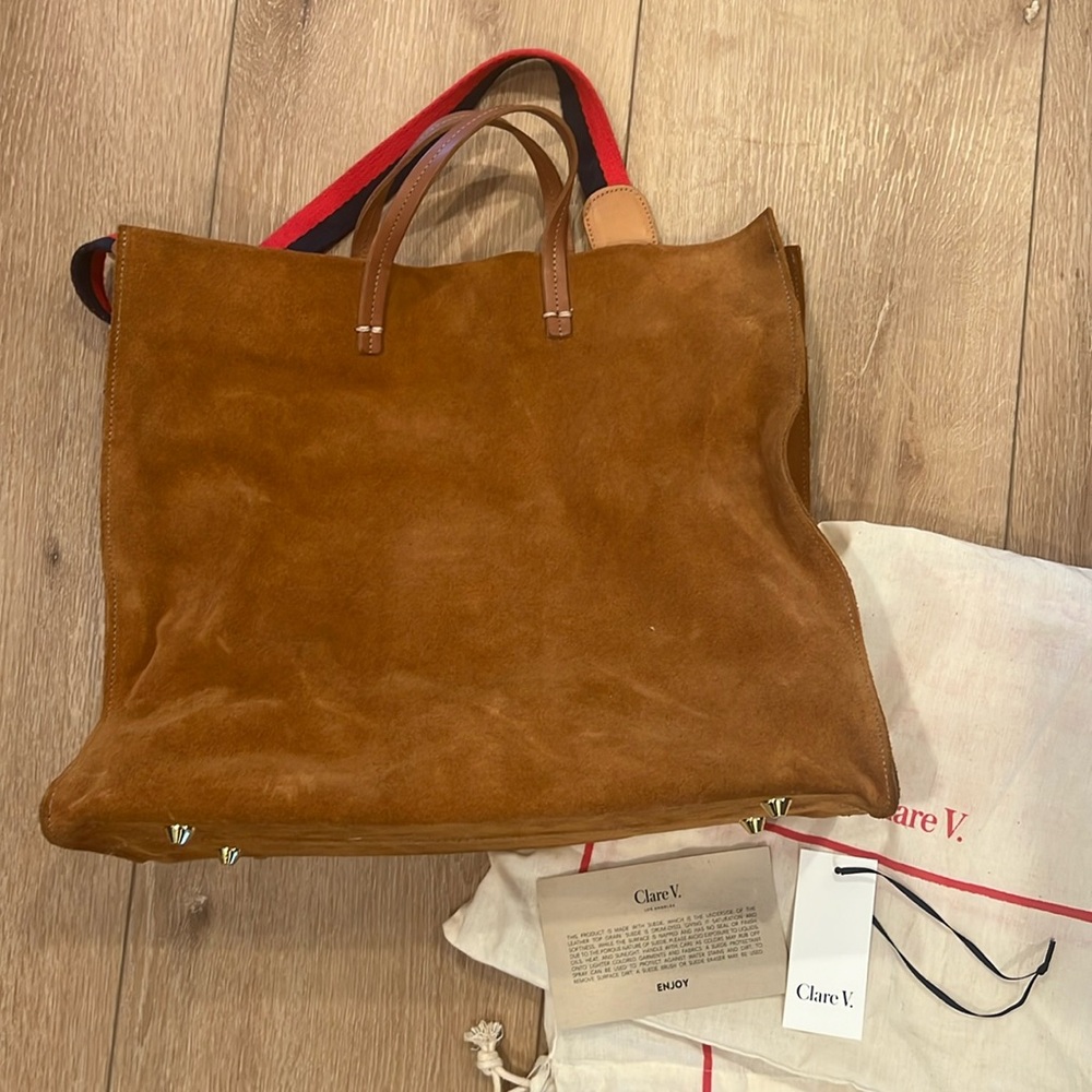 Clare V. Brown Suede Tote with Red Strap